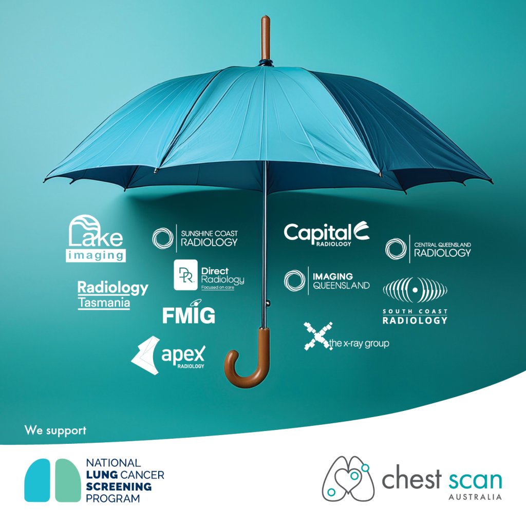 A blue umbrella with all the chest scan Australia brands listed underneath in white